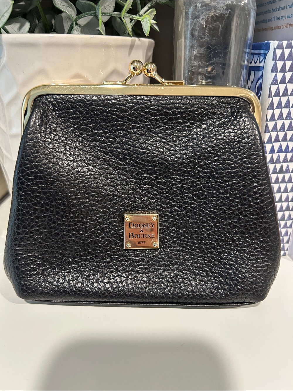 Dooney & Bourke Black Pebbled Leather Kiss-Lock Clutch with Gold Hardware